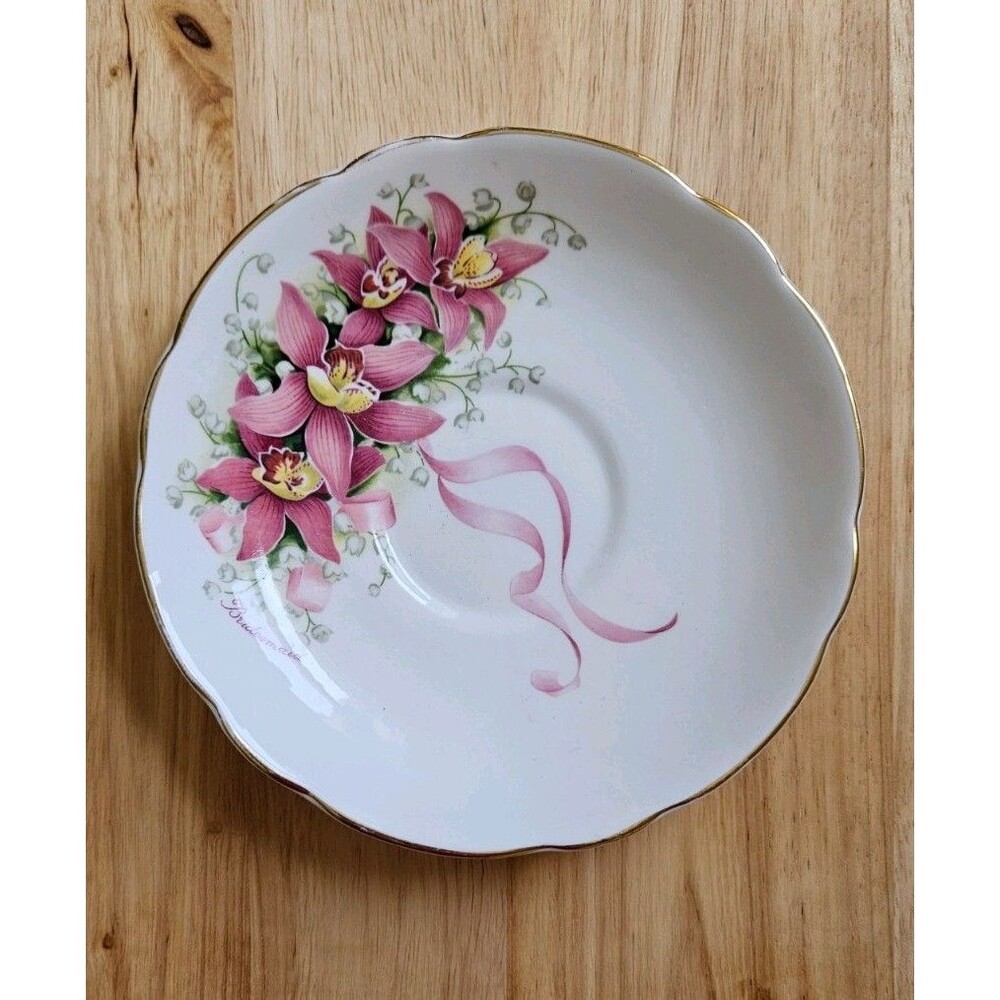 Vintage Marlborough Bone China Saucer Bridesmaid Pink Floral Ribbon 22kt Gold